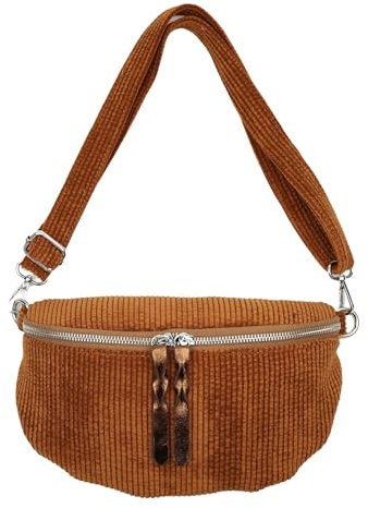 stylx Umhängetasche Cord Tasche Handtasche weiche Bauchtasche Klein mit Schultergurt Design Taschenband abnehmbar verstellbares Riemen Crossbody Bag Hüfttasche Damen mit Reißverschluss (cognac)