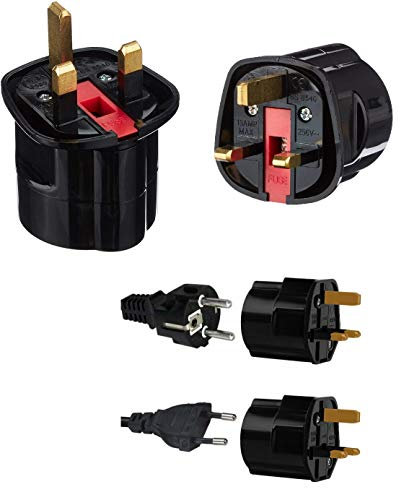 International Travel Adapter, Schuko 2-Pin Euro to 3-Pin UK Travel Plug Adapter, 250V 13amp Fused used for Travel or Electronic Device - Black