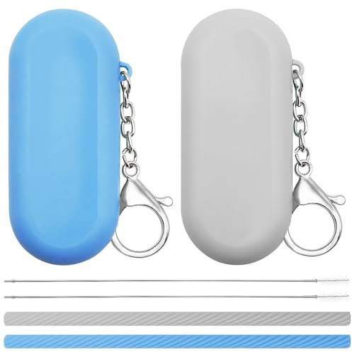 Set di 2 cannucce in silicone con custodia, cannucce riutilizzabili in silicone, cannucce pieghevoli + spazzola per la pulizia profonda + custodia per il trasporto con portachiavi, per viaggi e feste,