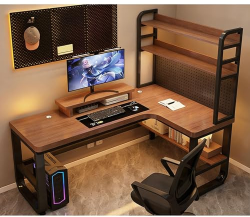 L Shape Desk Solid Wood Writing Desk Modern Computer Desk Bedroom Home Desktop Desk Bookshelf Integrated Desk With Storage Space Shelf Gaming Desk Corner Office Desk - Without Chairs(Walnut-right,140x
