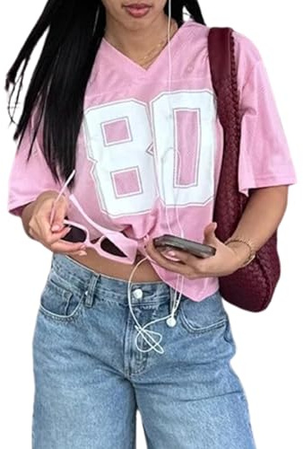 Cusghjbsg - Maglietta da donna per basket, maniche corte estive, scollo a V, stampa con numeri, top ampio, jersey oversize, pullover baggy, abbigliamento da strada, Rosa B, XL