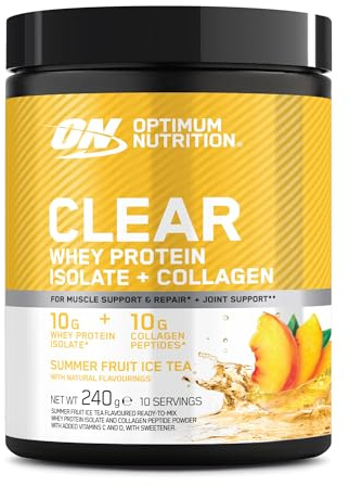 Optimum Nutrition Clear Whey + Collagen, Smak av Sommarfrukt Ice Tea, 10 g Vassleisolat och 10 g Kollagenpeptider per Portion, Klar Proteindryck för Leder*, 240 g, 10 Portioner