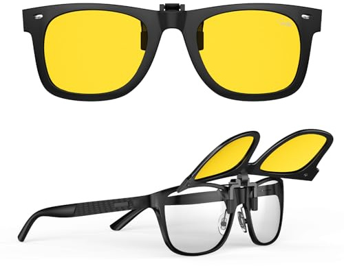 Goiteia Clip-On Nachtfahrbrille für Männer und Frauen, doppelte AR-Beschichtung zur effektiven Blendungsreduzierung von entgegenkommenden Scheinwerfern, modisch gerahmt, mit hochklappbarem Design.