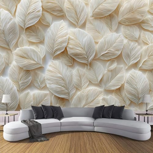 Fototapete 3D Effekt Elegante Blätter Dekoration Wandbild, Einfach Pflanze Vlies Tapete 350×256cm(W×H) Wandtapeten,220g/m2 Fototapete Moderne XXL Panorama Wanddeko Weiß