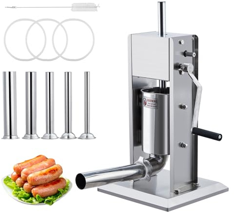 Wurstfüller,7L Edelstahl Industrie Wurstfüllmaschine,Fleischfüller Mit Zwei Geschwindigkeiten,Edelstahl Wurstfüller Mit 5 Füllrohren, Ideal Geeignet Für Den Gewerblichen Und Privaten Gebrauch