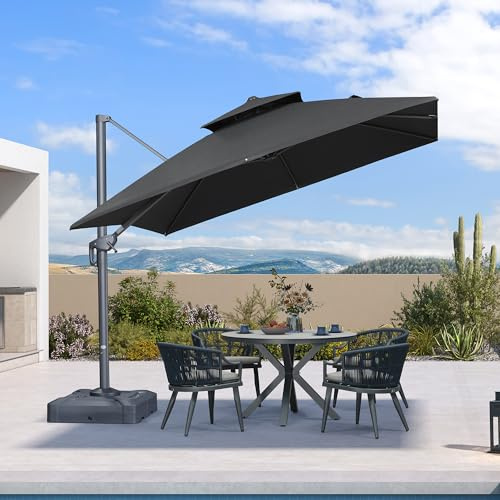 PURPLE LEAF Parasol Déporté 3 x 3 m Carré avec Toile Imitation Acrylique, Parasol de Jardin Extérieur à Double Toit Ventilé, Protection Anti‑UV 50+ et Rotation 360°, pour Cours et Jardins, Gris foncé