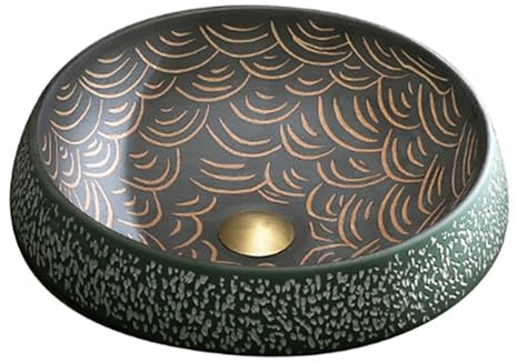 Lavandino Bagno Rotondo Vintage, Design Semi-Incastro, Lavabo Bagno Cotto ad alta Temperatura, Texture Fine in Porcellana, per Mobile Lavabo, Stanza da Lavaggio, Ospite(Style 1)
