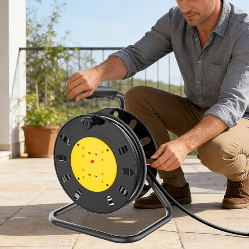 25m Extra Long Extension Lead Heavy Duty 4 Socket Cable Reel 13A Fused Thermal Overload Protection Extension Lead with Winding Handle for Construction Site Garden Power Tools Indoor Outdoor