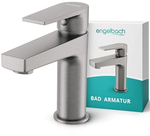Engelbach® Wasserhahn Bad - 304 Edelstahl Waschtischarmatur mit langlebiger Keramikkartusche - inklusive 2 Schläuche & Anleitung, Waschbeckenarmatur, Gebürstet