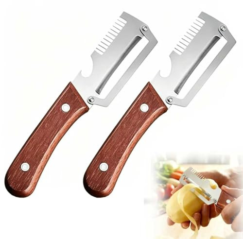 Multifunctional Vegetable Peeler for Kitchen, 3-in-1 Peeler & Bottle Opener & Julienne Peeler, Wooden Handle Peeler, Stainless Steel Kitchen Peeler, Zero Snag Wooden Peeler, for Kitchen Prep