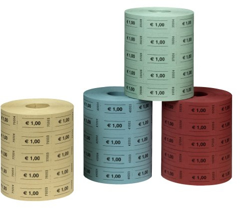 herlitz Wertmarken 1 Euro, 5 Rollen à 1000 Abrisse, fortlaufend nummeriert – Papier, Farben sortiert, keine Farbauswahl, Abrissmarken für Kantine, Veranstaltungen