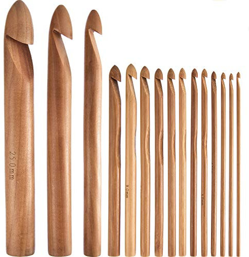 Hestya 15 Stück Holz Bambus Häkelnadeln Set Handcrafted Stricknadeln Weben Garn Handwerk, 3 bis 25 mm im Durchmesser