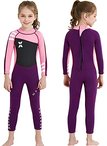 NATYFLY Kids Wetsuit, 2.5mm Neoprene Thermal Swimsuit, Full Wetsuit for Girls Boys and Toddler, Long Sleeve Kids Wet Suits for Swimming (New Pink-Girls Wetsuit-2.5mm, 4)