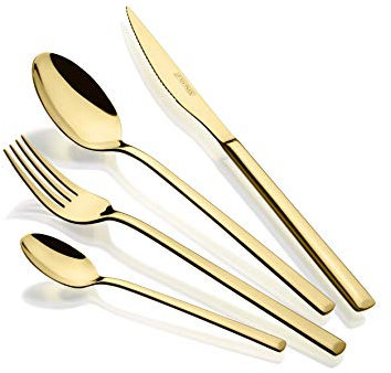 MONIX Verona Gold Set de cubiertos de 24 piezas, acero inoxidable 18/10, diseño vanguardista y moderno,acabado pulido brillante dorado, espesor 3 mm (6 comensales)