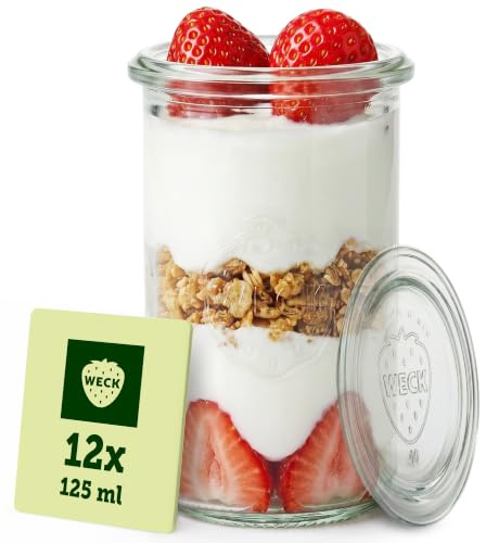 Weck Gläser 125ml – 12er Set mit Deckeln – Zylinderform – robuste, stapelbare Dessertgläser, Einkoch- & Einmachgläser – klein – Weckglas ideal für Nachtisch & Marmelade – Made in Germany