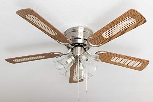 Pepeo Deluxe ceiling fan 105 cm brushed nickel wing oak/walnut including lighting and pull switch, 105620191