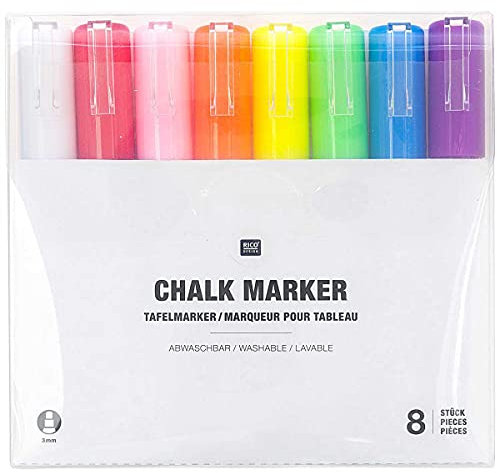Rico Design Kreidestift Flüssigkreide Regenbogenfarben 3mm 8 Farben - Kreidemarker / Fensterstifte für Glas, Fenster, Spiegel & Tafeln - DIY