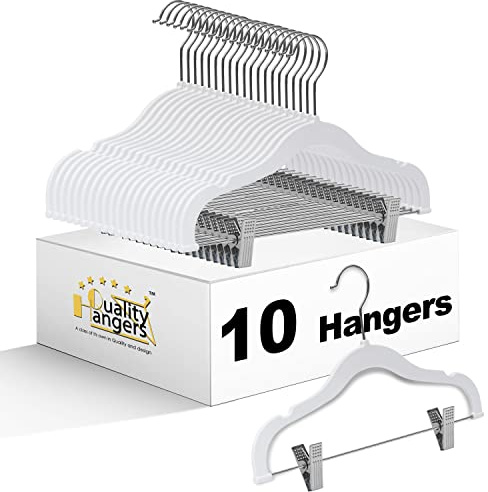 Quality Kids Children Plastic Non Velvet Non-Flocked Thin Compact Skirt Pant Coat Hangers with Metal Clips for Skirts Blouses 360° Swivel Hook, Jacket, Shirt, Legging, Suit Hangers (Cream White, 10)