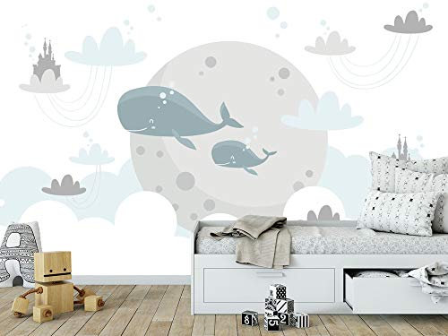 Oedim Fotomural Infantil Vinilo Para Pared Ballenas y Luna | Mural | Fotomural Vinilo Decorativo | 400 x 300 cm | Decoración comedores, salones, habitaciones