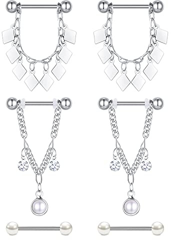 Funseedrr 2-3 Paires Piercing Téton Mamelon Acier Chirurgical 16mm 14G Barbells Anneaux de Teton Femme Chaîne Mamelon Piercing