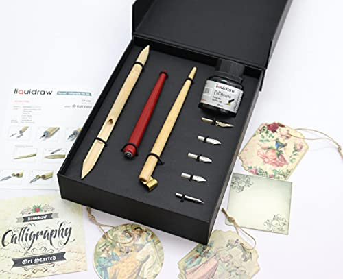 Liquidraw Set per calligrafia araba, set di pennini, penne in bambù, penna in legno, con inchiostro nero per calligrafia, mano sinistra per artisti, principianti, adulti e bambini