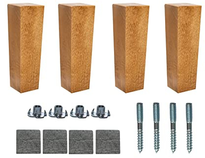 4'' - 10’’ Wooden Tapered Trapeze Furniture Replacement Legs Colour M8 Thread T-Nuts Protective Felt Pads Set Of 4 Legs For Sofa Cabinet Footstool Chair Bed Ottoman 10 - 25 CM (6'' = 16 CM, Sand Oak)