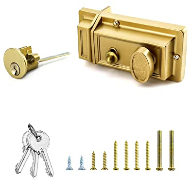 QWORK Nachtriegel Riegelschloss mit Schlüssel, goldfarbenes Finish, Antik-Stil, Schloss mit Haustürschlüssel