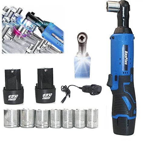 Ratschenschlüssel, kabellos, 3/8 Zoll, 12 V, 40 N.m, elektrischer Schraubenschlüssel mit LED-Arbeitsleuchte, 2 x 1500 mAh Li-Ion Batterien, 1 Schnellladegerät, 7 Steckdosen