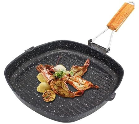 Poêle à griller en acier, poêle à griller antiadhésive, poêle à frire extérieure ménage pliante poignée en hêtre économie d'énergie antiadhésive rayures steak spécial poêle à griller(20*20cm)