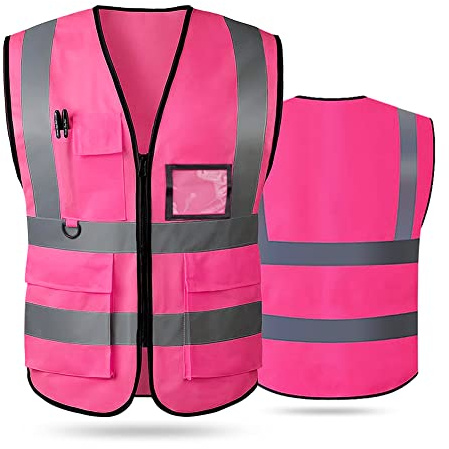 AKEIVN Gilet ad alta visibilità per donne e uomini gilet di sicurezza riflettente ad alta visibilità con tasche cerniera frontale soddisfa gli standard ANSI/ISEA, Panno rosa, S