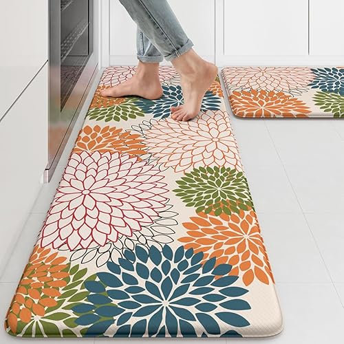 Collive Küchenteppiche und Matten, gepolstert, Anti-Müdigkeit, Küchenmatte, rutschfest, wasserdicht, Küchenläufer, Teppich, ergonomisch, Komfortschaum, Stehmatte für Böden, Blumenmuster, 2 Stück