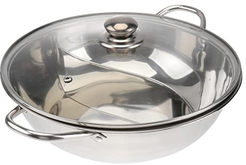 Cabilock Frying Pan Stainless Steel Stainless Steel Shabu Shabu Pot with Divider and Lid Dual Sided Hot Pot Divided Hot Soup Cookware for Induction Cooktop Gas Stove 32x9CM Wok