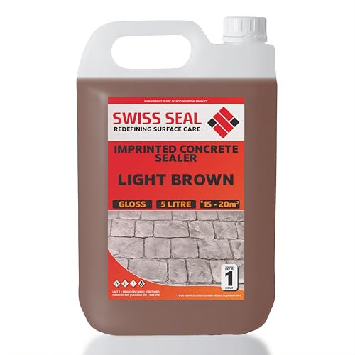 Swiss Seal | BUFF/LIGHT BROWN Coloured Imprinted Concrete Sealer GLOSS FINISH + ANTI-SLIP | Colour Tinted Driveway & Patio Sealant - Wet Look | Colour Tint Sealant For Outdoor Concrete Floor (5 Litre)