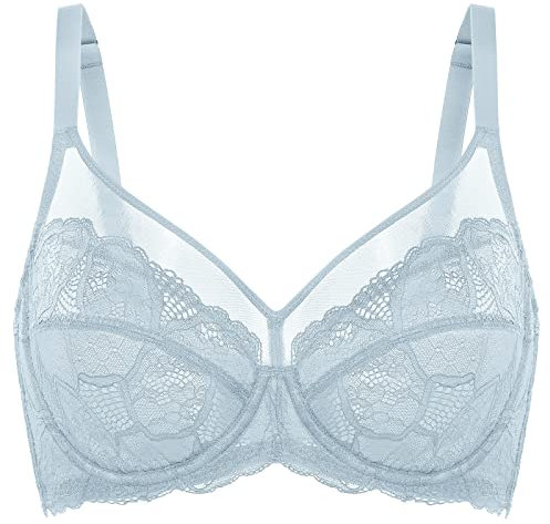 DOBREVA Women's Lace Full Coverage Minimiser Bra Unlined Underwire See Through Plus Size Bra Arctic Blue 32F
