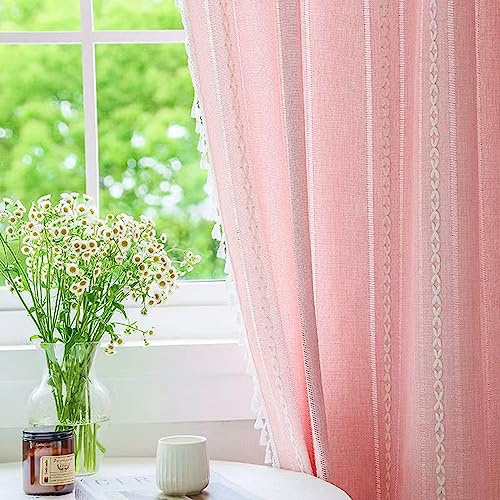 Deeprove Pink Boho Curtains 84 Inches Long for Bedroom Nursery, Privacy Bohemian Chic Textured Embroidery, Vintage Handmade Tassels Country Decor Drapery, Rod Pocket, 1 Panel W52 x L84, Blush
