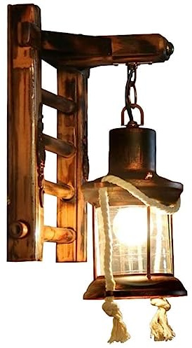 XinZe Rustic Retro Solid Wood Wall Light E27 Wall Lamp Art Iron Lantern Antique Bar Cafe Restaurant Wall Lighting Living Room Bedroom Decorative Lighting Glass Interior Wall Lamp