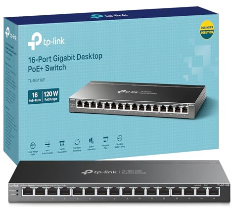 TP-Link TL-SG116P Commutateur réseau de bureau Gigabit 16 ports, répartiteur Ethernet PoE+ 16 ports, budget de puissance totale de 120 W, transmission jusqu'à 250 m, commutateur PoE sans ventilateur