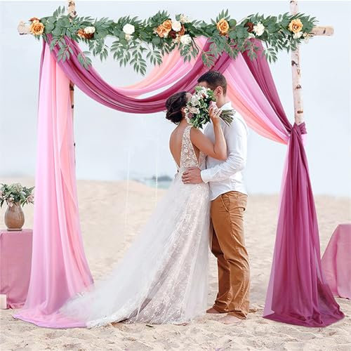 Lukery 3 Stücke Hochzeit Vorhang Hochzeitsbogen, Querbehang Gardine Freihanddeko Himmelbett Vorhänge Stoff Tüll Transparent Voile Dekoration für Party Hochzeit Geburtstag Taufe (75x300cm,Rosa Rose)