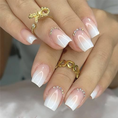 24pcs Short Square Press on Nails - White Pink Ombre With Rhinestone - Removable Glue-on Full Cover Fake Nails for Women and Brides - Nail Art Accessories