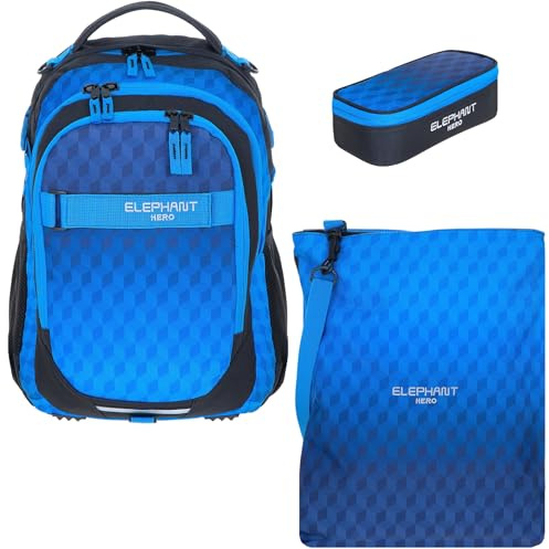 Elephant Schulrucksack Rucksack Hero 3tlg. Set 12868 Dark Blue Cube rtm | Signature 3 Teile Schultasche mit Turnbeutel Sportbeutel Attach Bag + Mäppchen Box Pennal Dunkelblau Blau