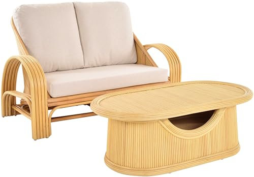 Krines Home Loungesofa Déco aus echtem Rattan Wohnzimmer Sofa für 2 Personen mit Tisch Rattanmöbel (Hell, Zweisitzer mit Tisch)