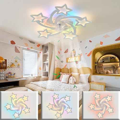 Lampada ventilatore da soffitto con luce e telecomando silenzioso, Ceiling Fan With Light con luce RGB regolabile a 6 velocità per soggiorno, sala da pranzo bianco