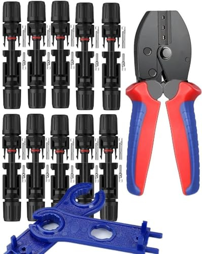 Solcrimptång set för 2,5/4/6 mm² solpanel PV-kabel, 1 x PV presstång 10 par solkabelkontakter 10 par hane/hona solkontakter 2 x solkontakter skiftnyckel