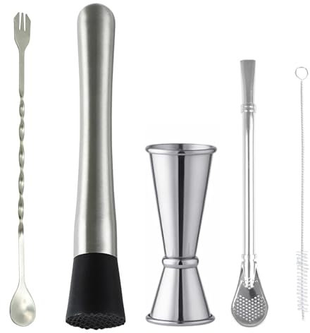 NIYATA 5Pcs Cocktail Muddler and Cocktail Spoon，Cocktail Muddler Stainless Steel Mocktail Kit with 1 Mixing Spoon,1 Measuring Jigger,1 Straw,1 Cleaning Brush for Crafting Mojitos