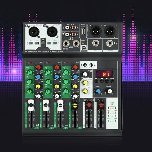 4-Kanal-DJ-Mixer Soundboard-Konsolensystem Professioneller Mixer Mischpult Tragbare Mini Audio Mixer DJ Controller Sound Mixer, USB-Laufwerk & Bluetooth-Verbindung
