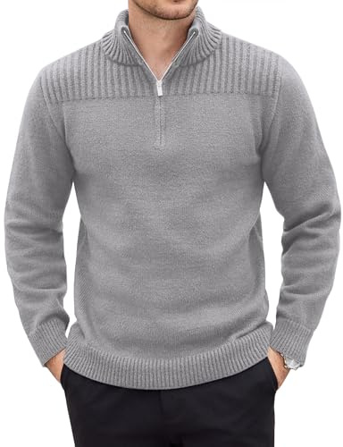 COOFANDY Herr halv dragkedja tröja basic polotröja turtleneck stickad tröja med ståkrage vintertröja enfärgad tröja för män, LJUSGRÅ, L