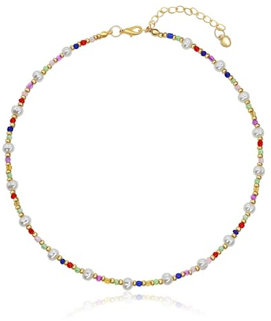Yifnny Bunte Perlenkette, Y2k Sommer Schmuck Boho Imitation Perlenkette Bunte ketten Damen Hippie Kette Strandperlen Halskette Weiße Kurze Perlen Halskette Für Frauen (Buntes 3)