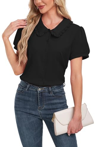 YOUNIFIZ Blusa de manga corta con botones para mujer, cuello Peter Pan, blusa casual para el trabajo, blusa vintage, 04~negro, S