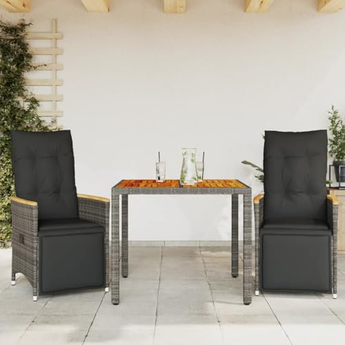 Homgoday Bistro-Set für den Garten, 3-teilig, mit Kissen aus Polyrattan, grau, Gartenmöbel, Tisch und Stühle für den Außenbereich