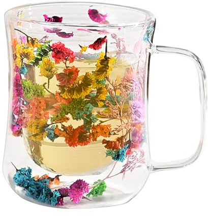 Generico Tazza a Doppia Parete in Vetro Con Fiori Secchi - Trasparente, 370 ml, per Tè e Caffè Espresso